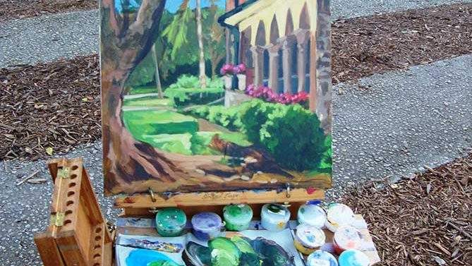 Painting canvas depicting the porch of the Stone House