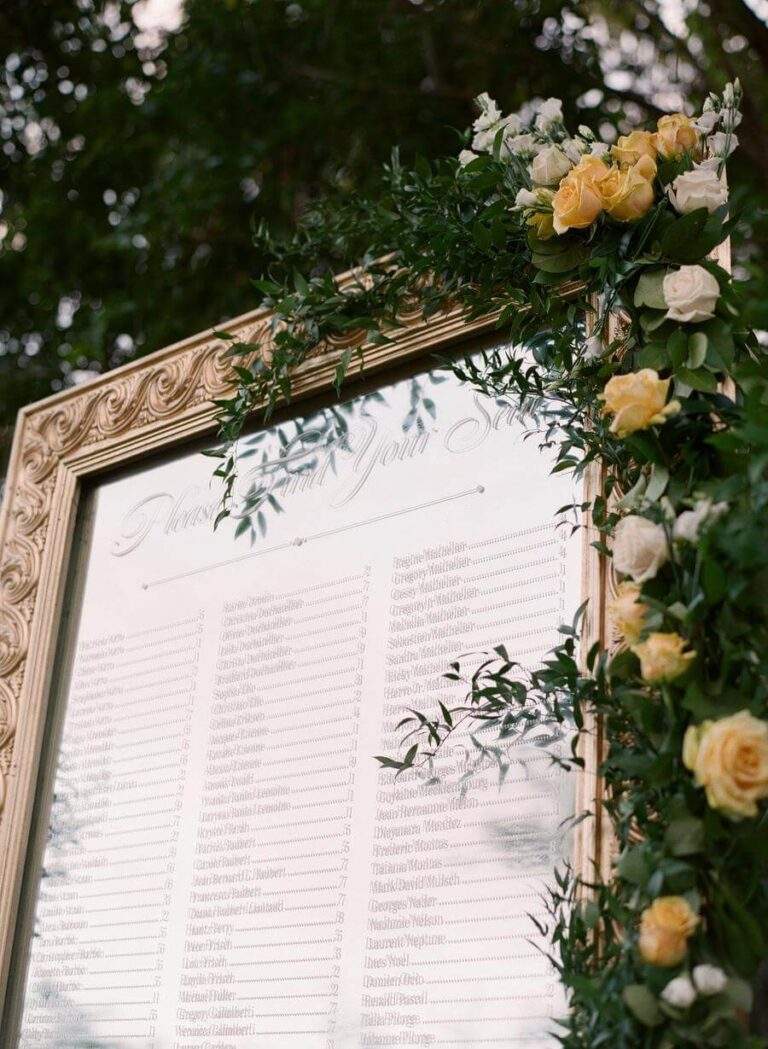 Detail of the mirrored seating chart in Cocktail-hour at Deering Estate's gumbo area