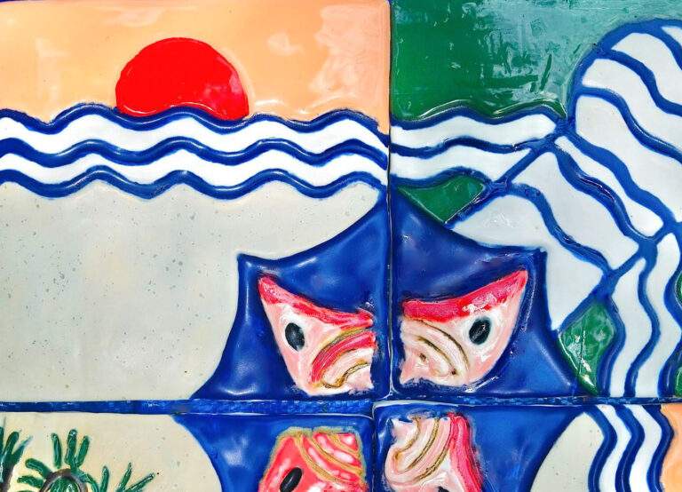 Mural tiles with colorful designs. This is by Enma Saiz.