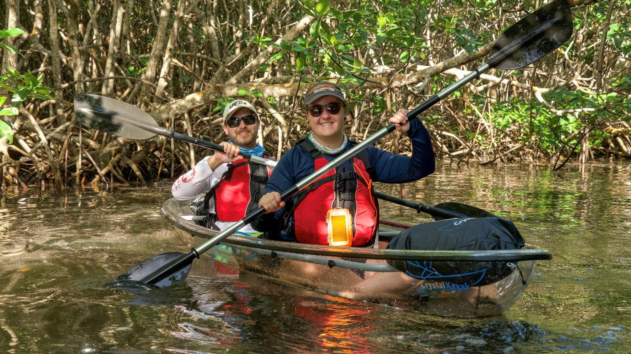 Two people in a clear-bottomed kayak paddle through a creek surrounded by mangroves.