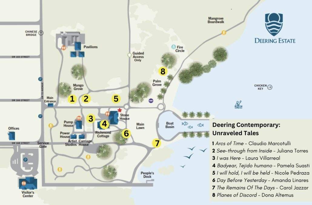 A map of Deering Estate with the locations of where the art pieces for the Deering Contemporary were installed.
