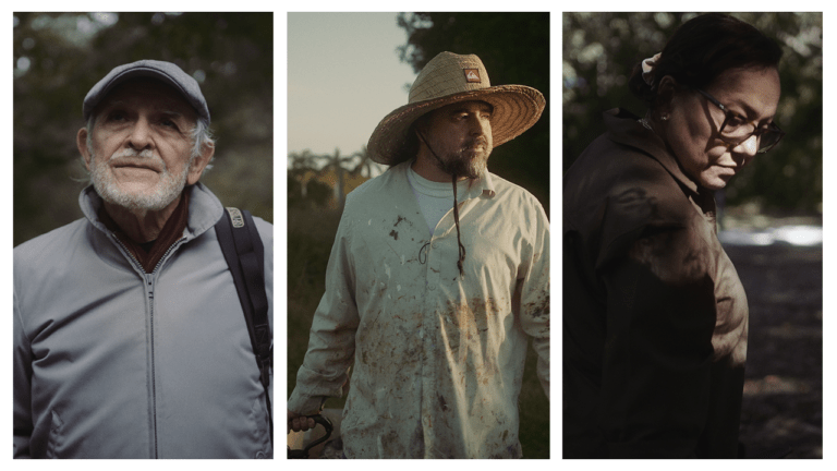 Three images split to show a man in a grey zip-up jacket and grey hat, with grey hair and a close-shaven gray beard, another man in a large-brimmed straw hat and button-up cover shirt with paint on it and a goatee, and a woman with black hair, brown glasses, and brown jacket. These are previous and current Artists-in-Residence of Deering Estate.