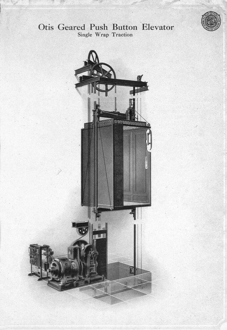 Illustrated diagram of the Otis Company's geared push button elevator, showing its mechanisms and motor.