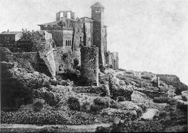 Black and white photo of Tamarit, a Romanesque fortress from the 12th century in Catalonia.