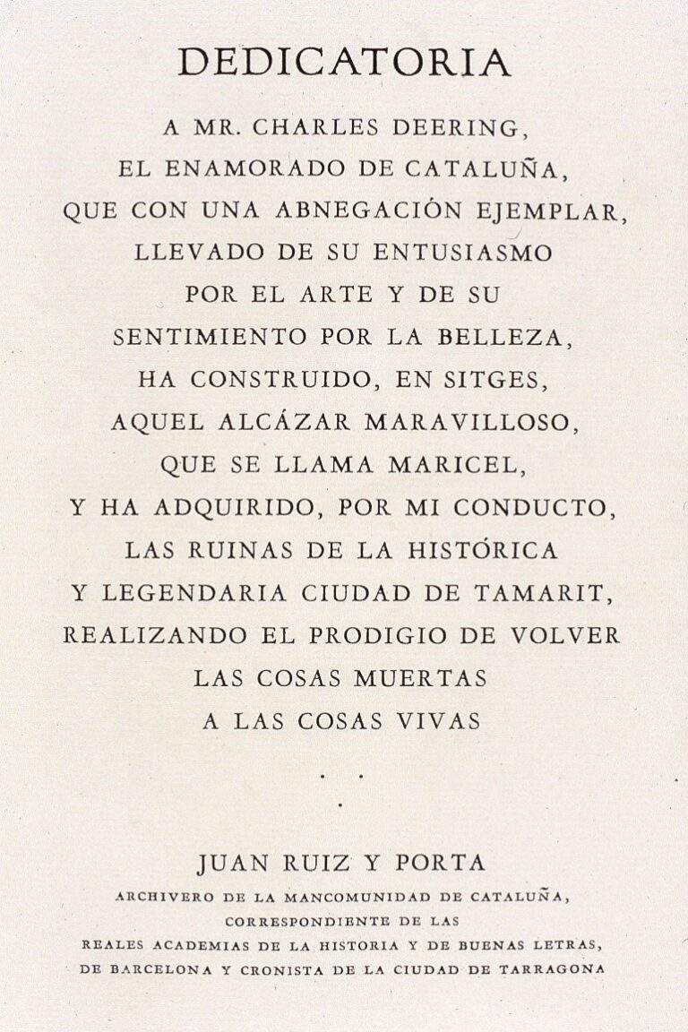 Spanish dedication written to Charles Deering for his philanthropy in Catalonia, Spain by the archivist for the province of Catalonia circa 1910s.