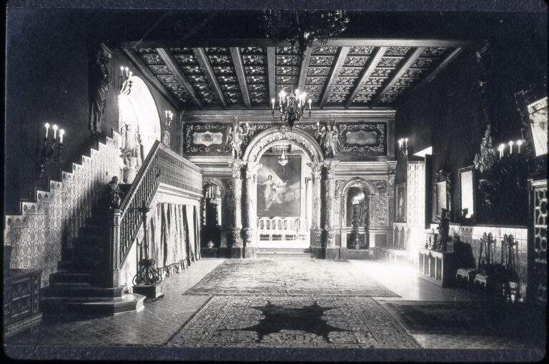 Wide view black and white photo of the Gold Salon in Deering's residence and art palace Maricel in the outskirts of Barcelona in Sitges, Spain.