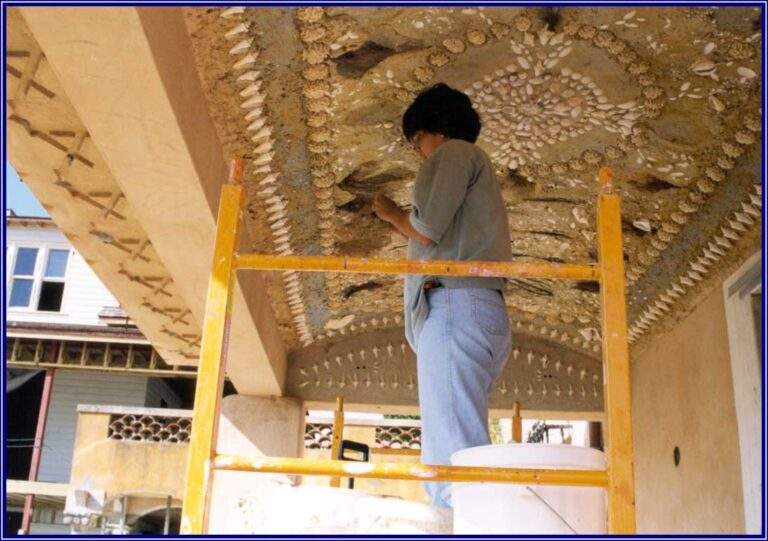 Beautifully detailed seashell mosaic on the ceiling of the Stone House walkway being restored after Hurricane Andrew in 1992.