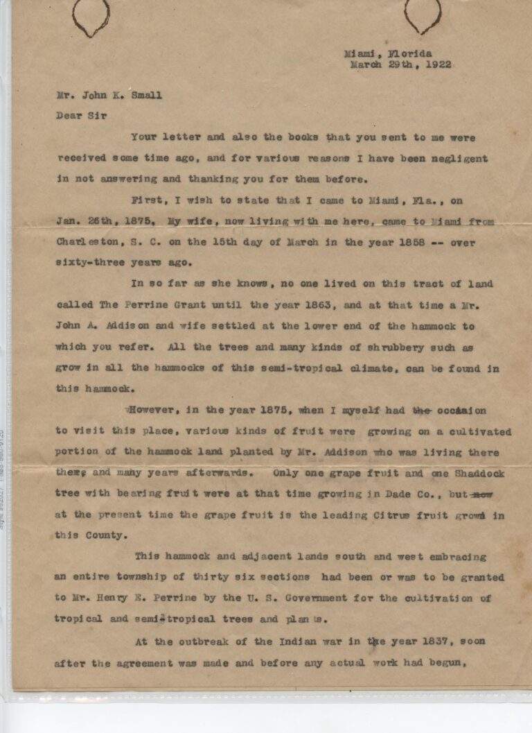 Typed letter written to John Kunkel Small by former Cutler resident A. C. Richards in 1922.