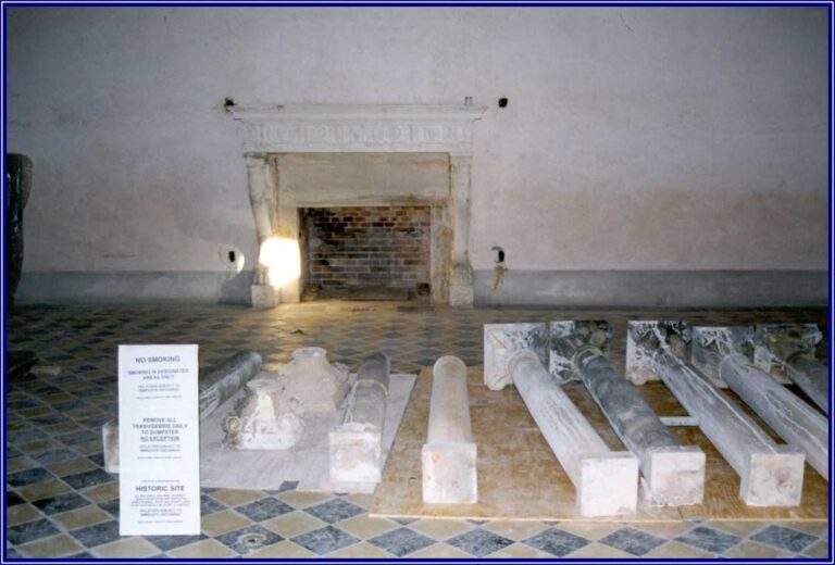 The original Stone House columns resting within the Stone House ballroom for conservation after Hurricane Andrew in 1992.