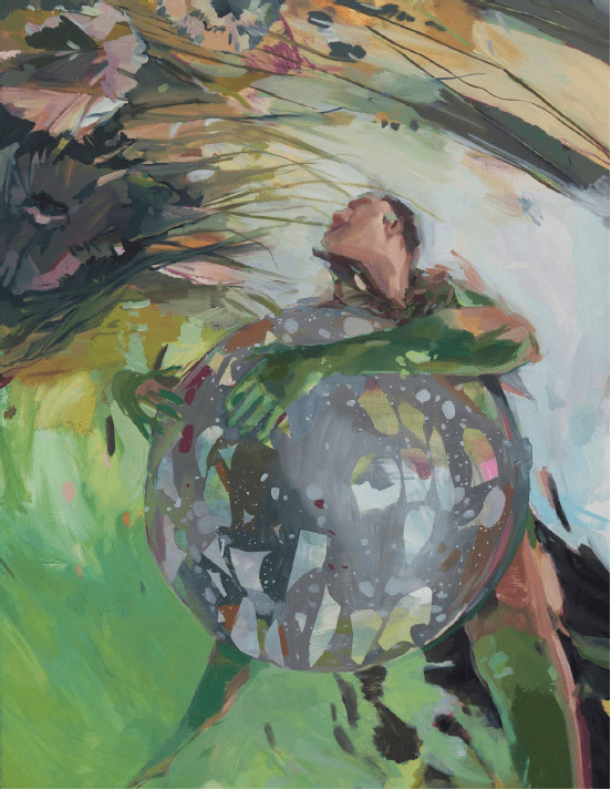 An art piece depicting a person holding onto a rought object in water surrounded by swampy landscape.