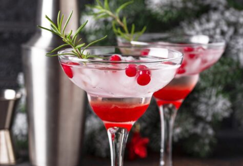 Decorative martinis with mistletoe in them.