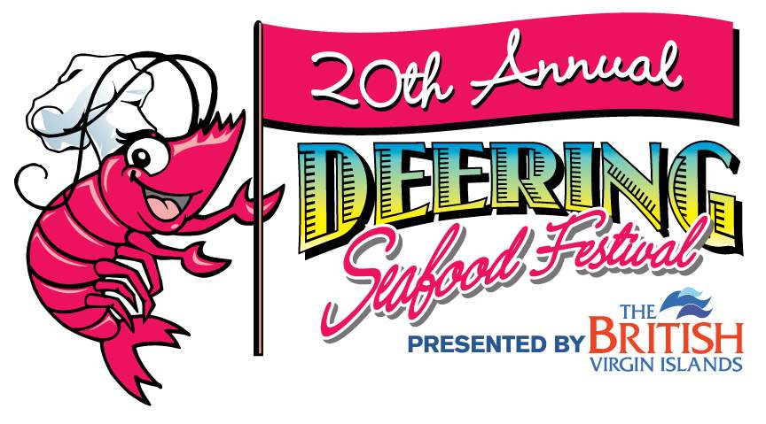 A cartoon shrimp holding a banner that reads "20th Annual" over the logo for the Deering Seafood Festival and the logo for The British Virgin Islands.