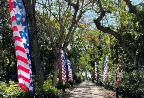 American flag banners line a path along with trees.