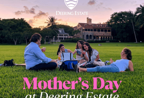 A mother, father, and four children enjoy a picnic on the main lawn of Deering Estate in front of the historic homes. The Deering Estate logo in featured on top of the image, and text at the bottom of the image reads "Mother's Day at Deering Estate."