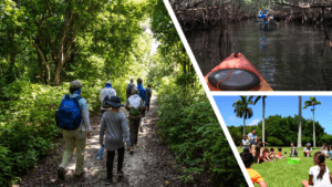 Three images split to showcase camp activities: campers going on a nature hike, campers kayaking, and camping sitting in a circle on a lawn playing a game.