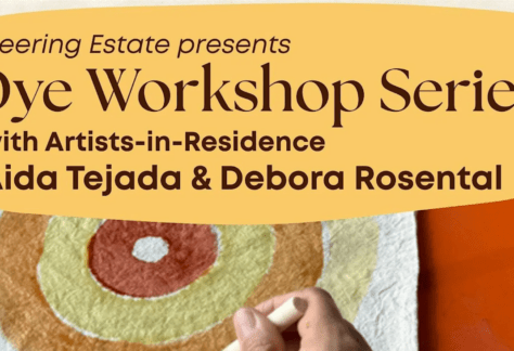 Someone's hand applying dye to a fabric tote bag in a circular design. The text reads "Deering Estate Presents Dye Workshop Series with Artists-in-Residence Aida Tejada and Debora Rosental.