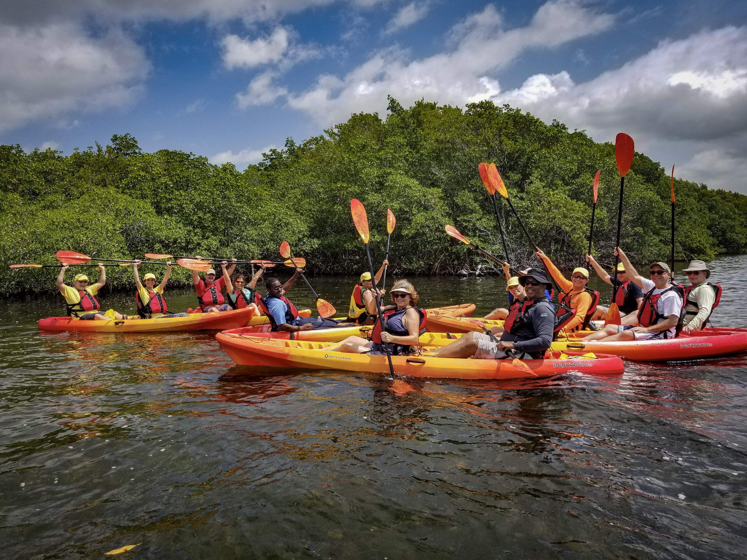 Twelve people split between six kayaks on the water in front of mangroves hold up their paddles and smile at the camera.