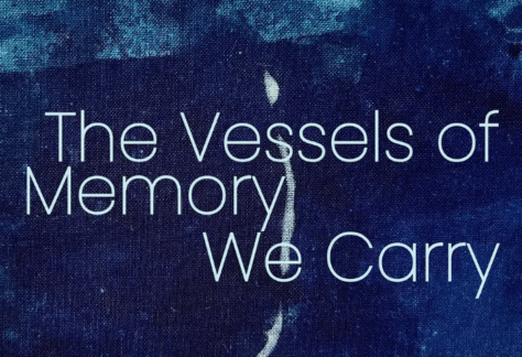Blue textured background with a vertical white organic line through the center, overlaid with the title text ‘The Vessels of Memory We Carry’ in large, light-colored letters.