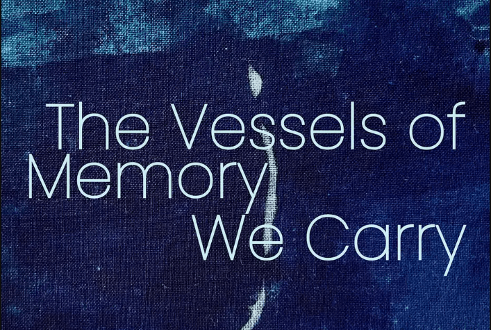 Blue textured background with a vertical white organic line through the center, overlaid with the title text ‘The Vessels of Memory We Carry’ in large, light-colored letters.